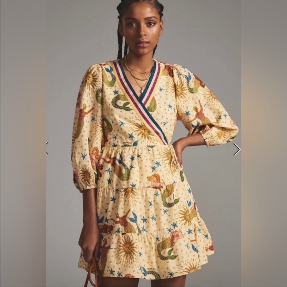 NWT Farm Rio x Anthropologie Yellow Mermaid Print Wrap Mini Dress / Size Med